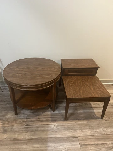 Vintage Mid-Century Modern 2 Tier Mersman Side Table & Round Coffee  Table Set Cover