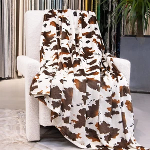 Cow Print Fleece Blanket - Brown White Plush Throw, Lightweight Bed Couch Decor, - Picture 1 of 12
