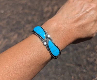 Zuni Cuff Bracelet Nevada Turquoise Inlay Sterling Silver Jewelry Sz 6.25 in. - Image 1 of 4