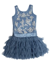 Biscotti Girls Blue Sequins Floral Tulle Belt Sleeveless Gown Dress Size 6X - Picture 1 of 6