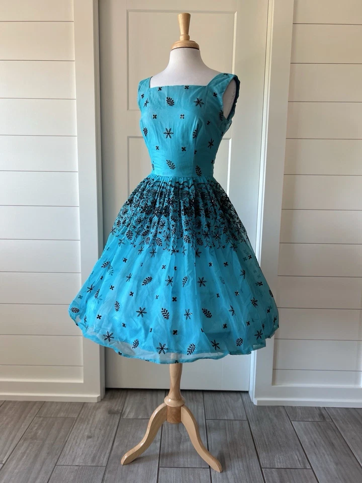 Vestido de noite vintage 1950s glitter flocado patty chiffon coquetel aquático  - Imagem 1 de 4