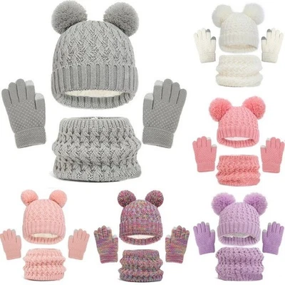 Ensemble Hiver Enfant 3P Bonnet Pompon Tour de Cou Gants Tactiles Tricot Chaud - Photo 1/4