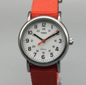 Timex Weekender Watch Women 30mm Silver Tone Red Nylon Strap Indiglo Stainless - Picture 1 of 15
