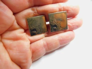Signed Swank Black Enamel Etched Gold Tone Metal Men's Cufflinks Vintage - Picture 1 of 5