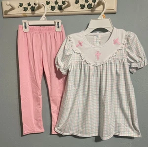 Honeydew Girl's Check Easter with pink embroidered Cross 2 Pc Pant Set Sz 5 NEW - Picture 1 of 3