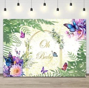 Oh Baby Green Leaves Butterfly Backdrop Baby Shower Party Photo Background - Picture 1 of 5