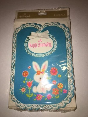 8 BABY SHOWER VINTAGE CARDS & ENVELOPES HALLMARK BUNNY RABBIT PARTY - Image 1 of 3