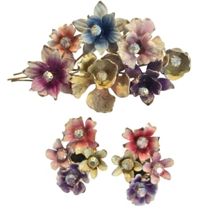Set spille e orecchini Austria vintage multicolore bouquet floreale con strass - Foto 1 di 8