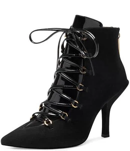 Louise et Cie Vanida Black Suede Leather Lace-Up POinted Toe Dress Ankle Boots - Picture 1 of 4