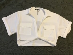 Zara Cropped Weiß Knoten Leinenmischung Tiefer V Ausschnitt Kurzarm Top Gr. Medium - Bild 1 von 6