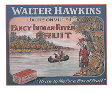 Fruit Crate Label Repro Walter Hawkins Jacksonville Canoe Native Men Orange FL