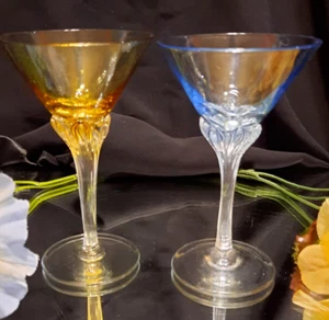 2 Handblown Bicolor Floral Stem Sherry Aperitif Cordial Glasses Pair Set - Imagen 1 de 15