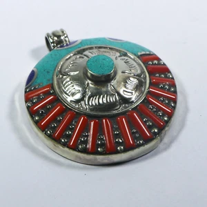 Colgante Turquesa Tibetana y Coral - Nepal Amuleto Buda Joyería Talla 2" - Imagen 1 de 7