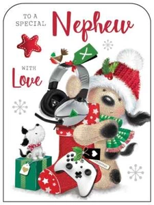 Jonny Javelin Neffe Weihnachtskarte - Bär Strumpf Controller Glitzer 7,5x5,25" - Bild 1 von 1
