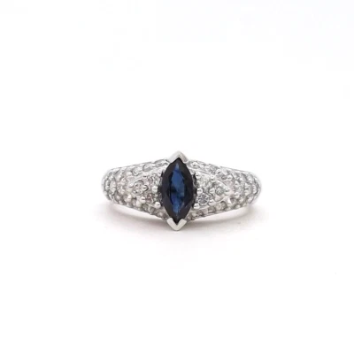 14k White Gold Marquise Setting Sapphire Natural Diamond Ring Engagement New - Image 1 of 4