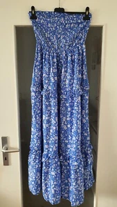 BLAUES DAMEN SOMMKLEID MIT BLUMEN PRINT BANDEAU KLEID OFF-SHOULDER STRANDKLEID - Bild 1 von 16