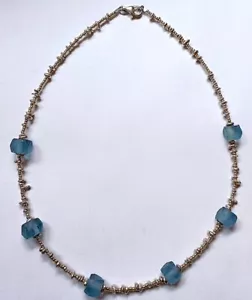 Halskette, Hill Tribe silber und blau indonesisch recyceltes Glasperlen, 18 Zoll - Bild 1 von 1