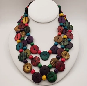 Multi-Color Round Wood & Bead Long Necklace Hangs At 28 Inches Chunky - Picture 1 of 12