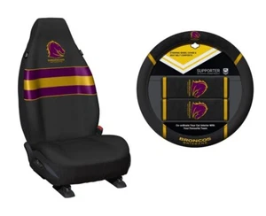 SET OF 2 BRISBANE BRONCOS NRL FRONT CAR SEAT COVERS + STEERING WHEEL COVER - Picture 1 of 3