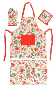 4pc Kitchen Set: 1 Apron, 1 Oven Mitt, 1 Potholder & 1 Towel, FLOWERS, red, HMS - Picture 1 of 15