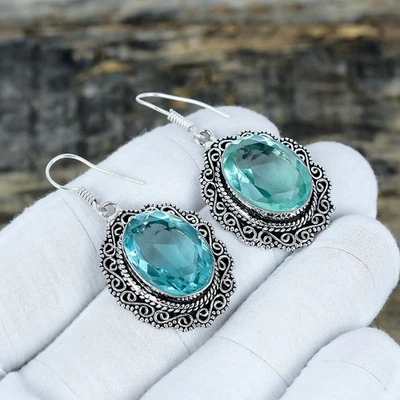 Acquamarina Gemma a Mano Gioielli 925 Argento Sterling Orecchino Pasqua Regali - Immagine 1 di 4