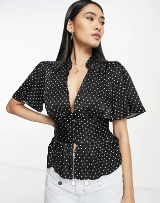 Blusa De Té De Lunares Monocromática TopShop Talla UK 10 - Imagen 1 de 3