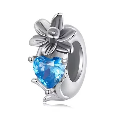 Charm Stopper Perle 925 Silber Blume Blau Herz Zirkon - Anhänger für Armband - Bild 1 von 3