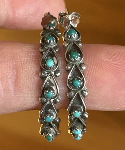 Vintage Zuni Snake Eye Turquoise Coin Silver Half Hoop Earrings 1.25" - Picture 1 of 8
