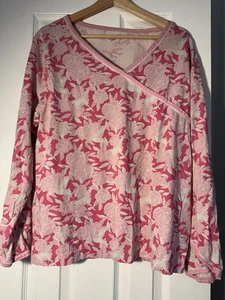 Garnet Hill Green Organic Cotton Asian Wrap Short Sleeve Pajama Top Sz XL Floral - Picture 1 of 6