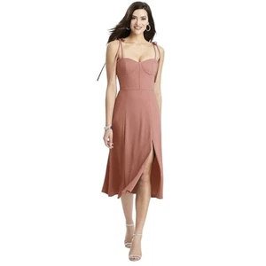 Dessy Collection Bustier Crepe Midi Dress Adjustable Bow Straps Desert Rose 3069 - Picture 1 of 12
