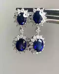 14k White Gold Plated 4.60CT Oval Simulated Blue Sapphire Stud Earring Women - Picture 1 of 2