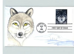 Hand Painted, GRAY WOLF, 1999 First Day of Issue cancelled BARROW, ALASKA - Picture 1 of 1