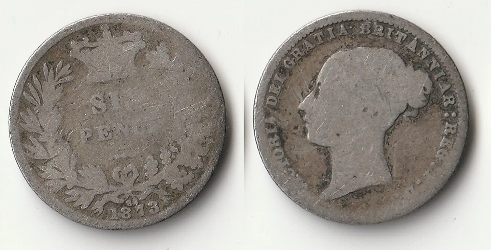 Серебряная монета Великобритании 6 пенсов (6 пенсов) 1873 г. - Изображение 1 из 1