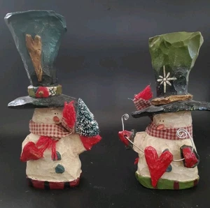 Kurt Adler Snowtown Tall Hat Snowmen  Candlestick Holders Hearts Whimsy Boho - Picture 1 of 12
