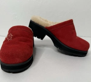 UGG Australia Solvang Suede Sheepskin Mules Clogs Sz 6 Red Floral Chunky 5430 - Picture 1 of 18