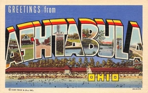 ASHTABULA Ohio Large Letter Linen c1940s Unused Vintage Postcard - Picture 1 of 2