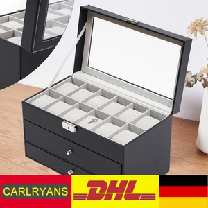 Vetrina orologio pelle nera 12 slot vetro top scatola gioielli organizer nuova - Foto 1 di 18