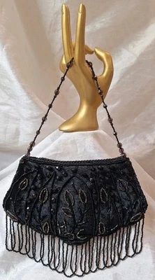 NWOT Dressy Formal Handbag Velvet & Beaded Crossbody Purse Seedbead Fringe Black - Image 1 of 4