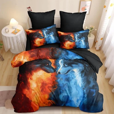 Conjunto de edredom lobo queen size vermelho azul lobo conjunto de cama casal animal fogo 3D... - Imagem 1 de 4
