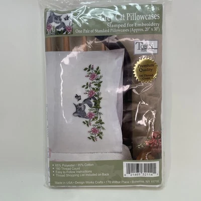 Pillowcase Set Embroidery Kit Cat Flower T232114 Stamped Pillowcase Needlecraft - Image 1 of 4