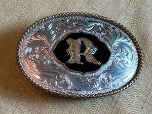 Montana Silversmiths Sterling Silver Plate Gold accent " R" Belt Buckle USA - Picture 1 of 6