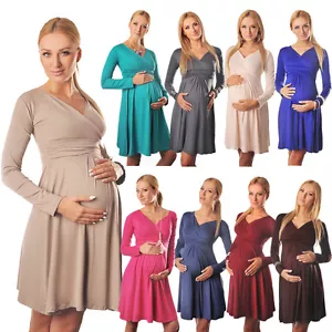 Long Sleeve Maternity Vneck Dress Pregnancy Top Tunic Size 8 10 12 14 16 18 4419 - Picture 1 of 27