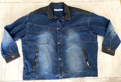 Jaqueta jeans masculina vintage PELLE PELLE 4XL lavagem escura botão desbotamento acabamento em couro - Imagem 1 de 4