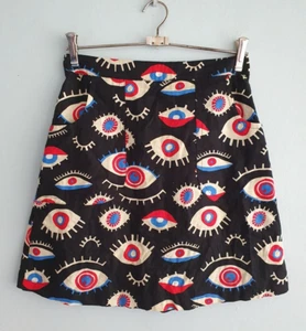 Dangerfield Mini Skirt Womens size 8 Evil Eye Print A-Line Linen Blend Retro - Picture 1 of 12