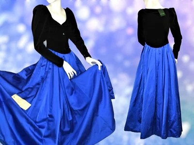 VTG New Old Stock 4 S/XS Laura Ashley Formal Gown Black Velvet Blue Long Sleeve - Image 1 of 4