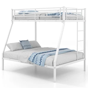 Twin Over Full Metal Bunk Bed w/ Integrated Ladder Full-length Guardrail White - Picture 1 of 8