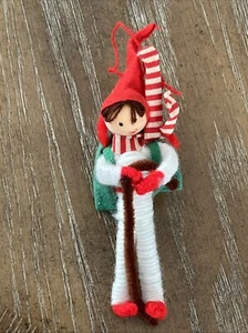 Vtg Yarn Wire Wrapped Walking Stick Cane Green Sack Red Hat Christmas Ornament - Picture 1 of 8