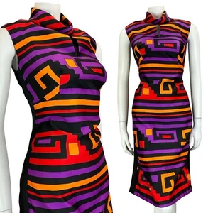 VTG 60S MOD BLACK PURPLE RED YELLOW FUNNEL NECK SLEEVELESS MIDI DRESS - Picture 1 of 7