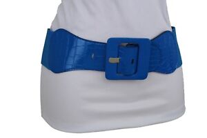 Women Belt Wide Cobalt Blue Faux Leather Elastic Waistband Square Buckle XS S M