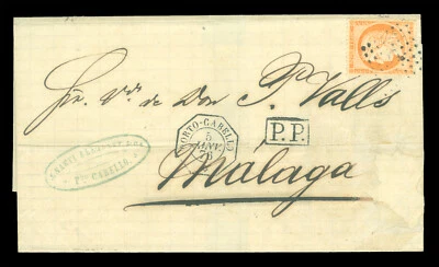 MARITIME MAIL  French Packet Boats 1876 Porto Cabello, Venezuela to Malaga SPAIN - Image 1 of 2